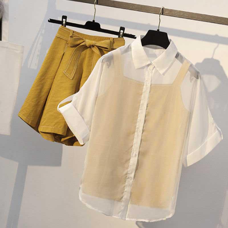 XL-5XL Women Chiffon T-shirt+shorts+vest 3pcs Office Ladies Short Sleeve Top Pants Set