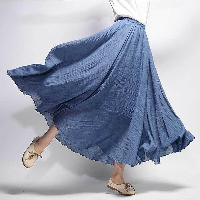 Women Large Size Cotton and Linen Skirt with Elastic Waist and Linen A-line Skirt with Long Solid Color Ethnic Style