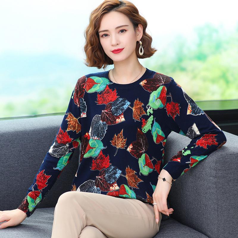 Autumn Women's Printed Thin Sweater Round Neck Pullover Long Sleeve Sweater Fashion Plus Size Sweater