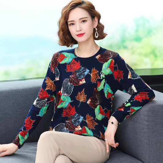 Autumn Women's Printed Thin Sweater Round Neck Pullover Long Sleeve Sweater Fashion Plus Size Sweater