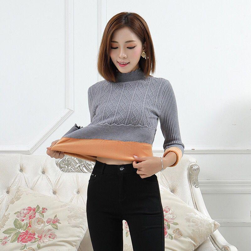 Pofulove Half Turtleneck Pullover Sweater Women Short Winter Plus Velvet Thick Bottoming Shirt