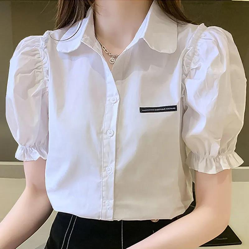 Summer Short Sleeve Women's Solid Color Puff Sleeve Polo Collar Shirt