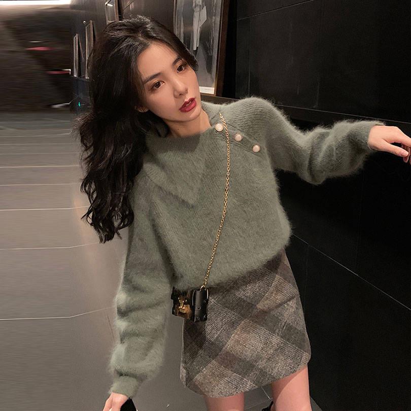 Pofulove Autumn Winter Lapel Loose Long-sleeved Sweater Shirt Mink Wool Sweater Women Pullover
