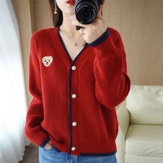 Sweater Cardigan Ladies Jacket Spring and Autumn Loose Short Long Sleeve Top V-Neck Thick Knit Sweater Cardigan Jacket