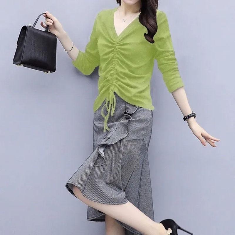 Large Size Women's Skirt Set V-neck Pleated Long-sleeved Top Irregular Ruffled Fishtail Skirt Two-piece Set Spring and Summer Casual Suit