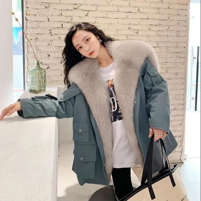 Parker Overcome Women's Detachable Imitation Fox Large Fur Collar Plush Liner Short Faux Fur Jacket Women's Warm Loose Large Size Cotton Jacket