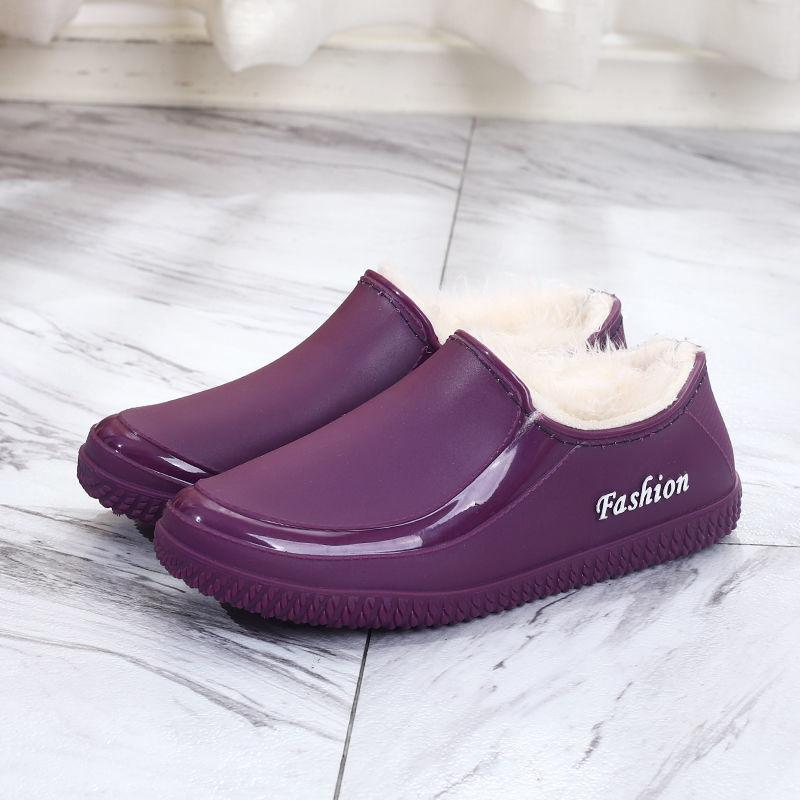 Women's Shallow Mouth Low-top Outer Wear Plus Fleece Flat Shoes Waterproof Non-slip Winter Cotton Rubber Shoes