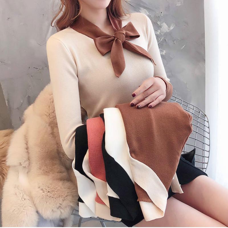 Chic Long Sleeve Knitwear Base Blouse Simple Color Pullover Bow V-Neck Jumper Women Sweater