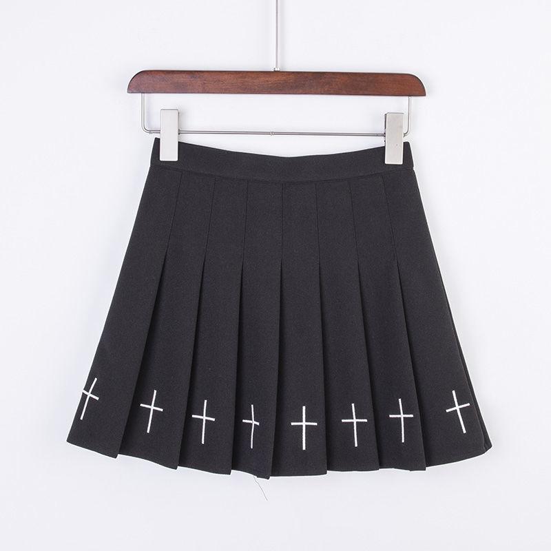 Gothic Cross Stitch Dress Punk Black Skirt Little Black Dress College Pleated Skirt
