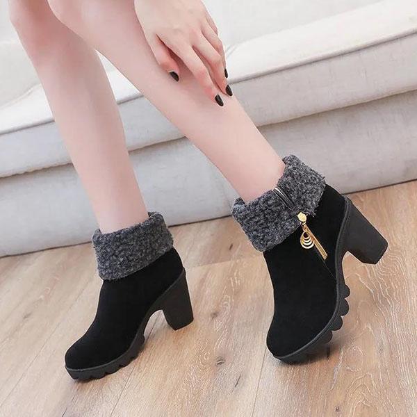 Women's Winter Large Size Solid Color Warm Snow Boots Non Slip Short Martin Boots High Heel Cotton Shoes