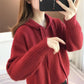 Women's Winter Solid Color Hooded Pullover Sweater Lazy Wind Loose Large Size Mid Length Knit Sweater