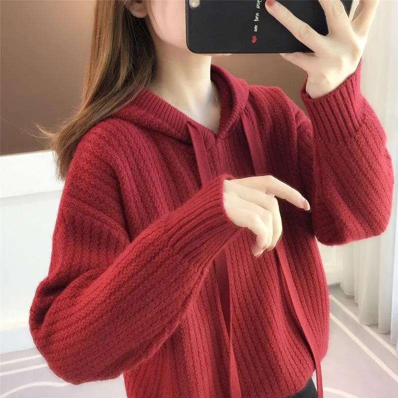 Women's Winter Solid Color Hooded Pullover Sweater Lazy Wind Loose Large Size Mid Length Knit Sweater