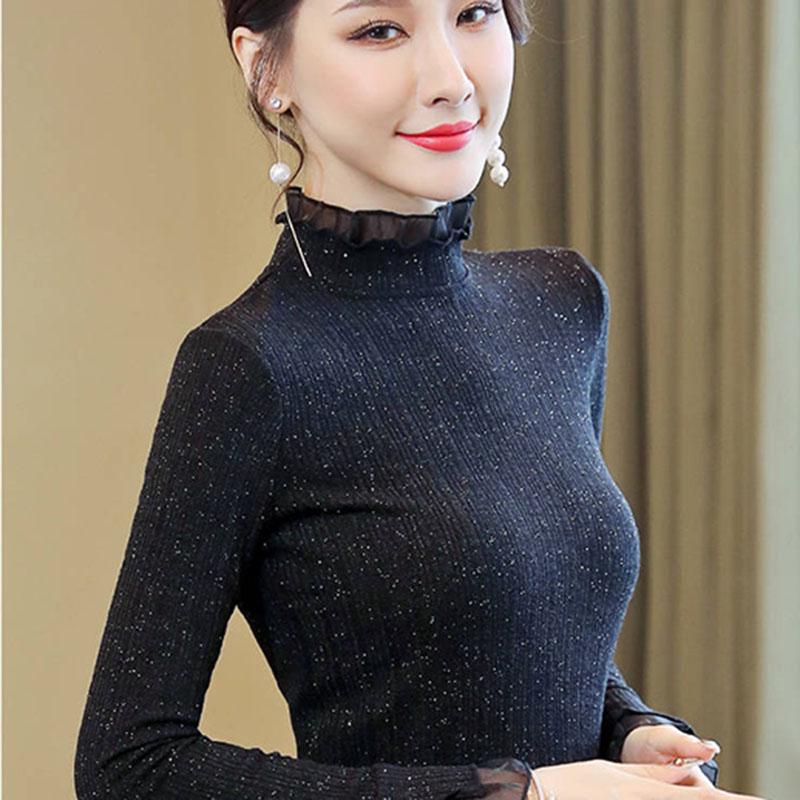 Pofulove Women Plus Size Velvet Turtleneck Winter Long Sleeve Lace Tight Sexy Sweater Pullover