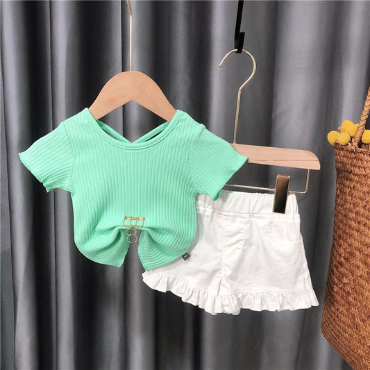 Children's Clothing Girls Suit Summer Small and Medium-sized Virgin Baby Fashion Korean Style Short Sleeve Two-piece Trend
