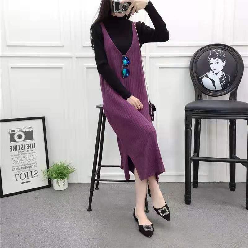 Autumn and Winter Loose Sleeveless Vest Skirt V-neck Mid-length Sweater Skirt Fashion Simple Female Vest Dress