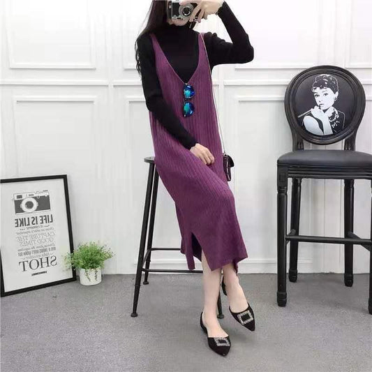 Autumn and Winter Loose Sleeveless Vest Skirt V-neck Mid-length Sweater Skirt Fashion Simple Female Vest Dress