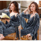 Three-piece Set Women's Sexy Lace Sling Nightgown with Chest Pad Gold Velvet Pajamas Winter Outwear Long Sleeves Night Robe Sleeping Suit