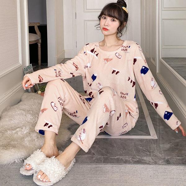 Flannel Pajamas Women Autumn and Winter Thick Sweet Cute Long-sleeved Coral Fleece Plus Size Home Service Suit