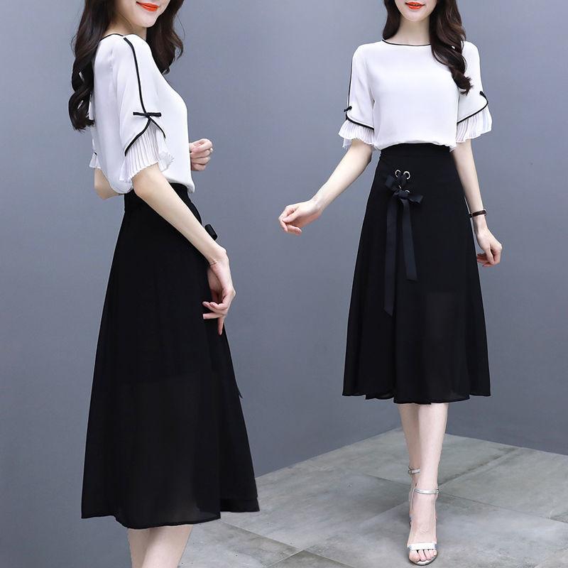 Women's Temperament Cold and Windy Two-piece Suit Skirt Mid-length Chiffon Dress Female Round Neck Short-sleeved Shirt Sweet