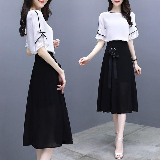 Women's Temperament Cold and Windy Two-piece Suit Skirt Mid-length Chiffon Dress Female Round Neck Short-sleeved Shirt Sweet