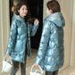 Winter Glossy Down Jacket Korean Thick Hooded Cotton Jacket Solid Color Disposable Mid-length Ladies Down Jacket
