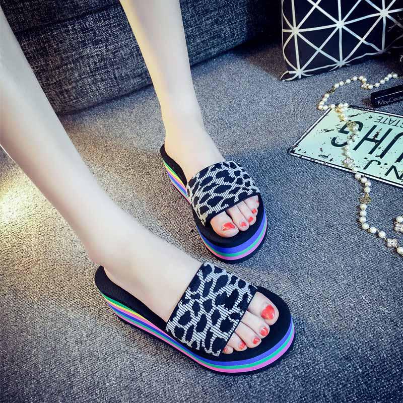 Plus Size 35-40 Summer Retro Women Rainbow Shoes Leopard Print Beach Casual Sandals Women Summer Flip Flop Sandals