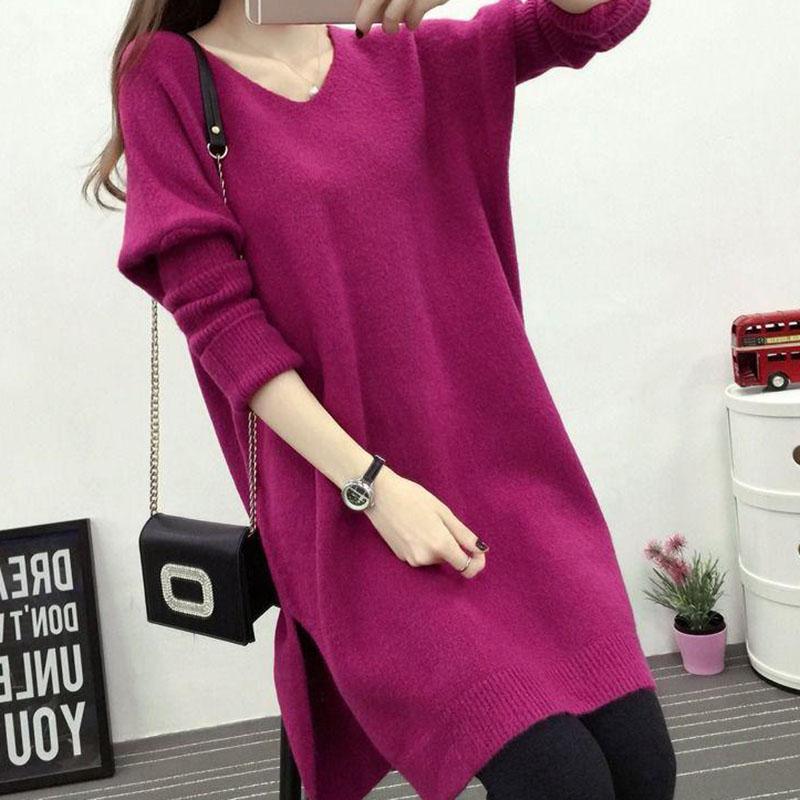 Women's Sweater V-neck   Loose Thin Long Knit Bottoming Knitwear Split Knit Jumper