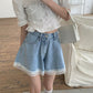 Sweet Denim Shorts for Women Wide Leg Cute Short Pants Summer High Waist Lace Edge Pants A-line Loose Jeans Pants High Waist Shorts Y2k Short Bottoms