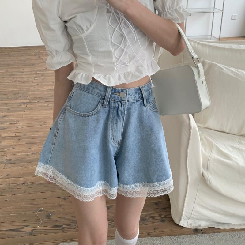 Sweet Denim Shorts for Women Wide Leg Cute Short Pants Summer High Waist Lace Edge Pants A-line Loose Jeans Pants High Waist Shorts Y2k Short Bottoms