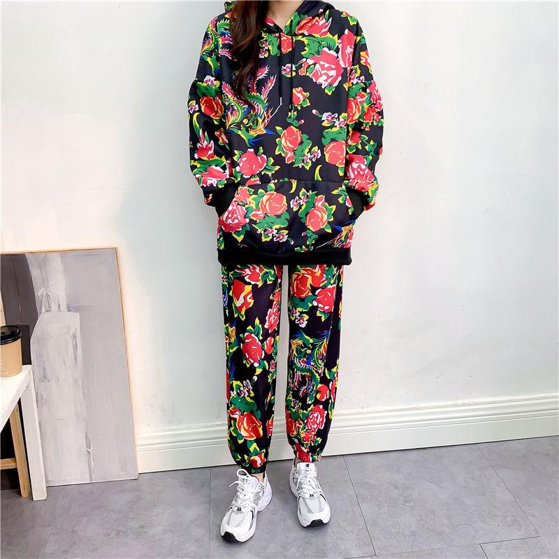 2pcs/set  Women Sweatshirt Set Loose Printed Hoodies Harem Pants Two-piece Set Laies Outfits
