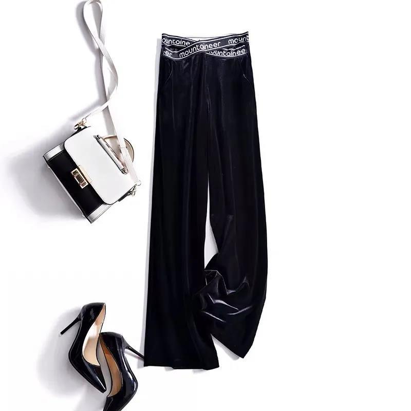 WTEMPO High Waist Soild Color Trousers Women's Wide-leg Elastic Waist Straight Loose Casual Pants