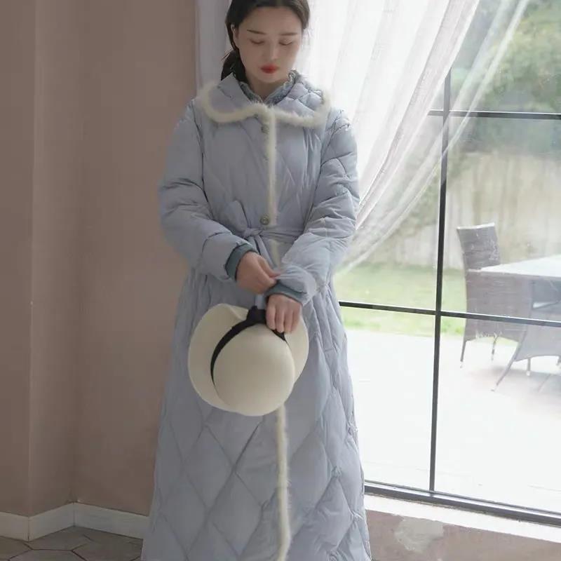 Imitation Mink Splicing Cotton Jacket Female Korean Version Loose Diamond Over The Knee Mid-length Belt Belt