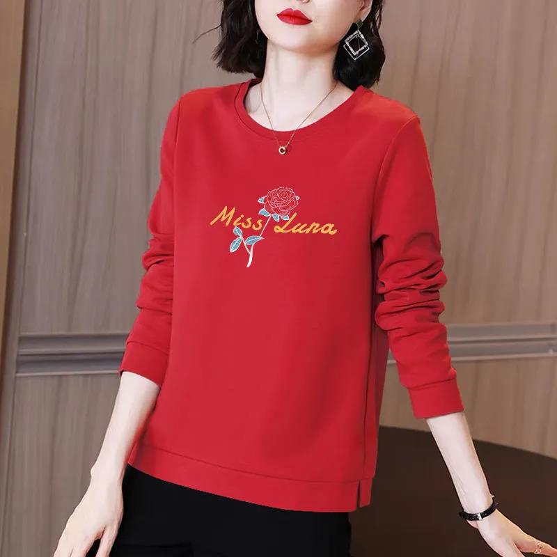 Rose Branch Print Pullover Women Cotton Shirt Long Sleeve T-shirt Casual Slit Bottoming Shirt Spring