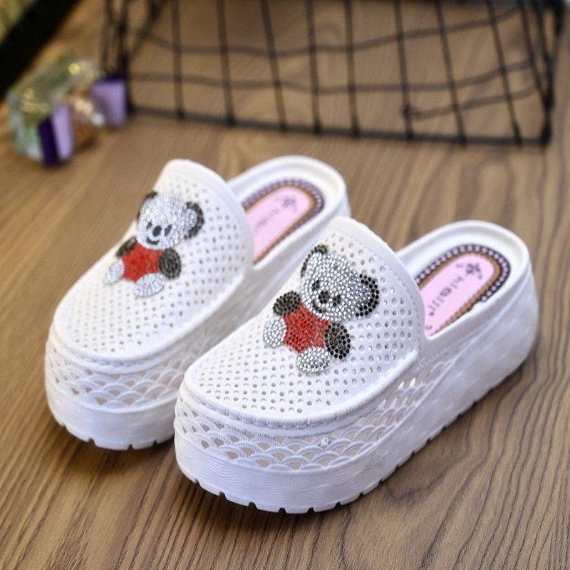 Hollow Slippers Female Summer Wear Hollow Sponge Cake Thick Bottom Net Red No Heel Casual Lazy Half Slippers Light and Comfortable