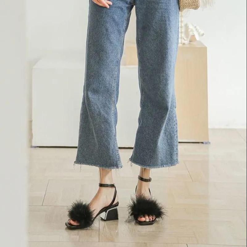 Hairy Sandals Female Summer Fairy Style Thick Heel Mid-heel Fashion High Heels
