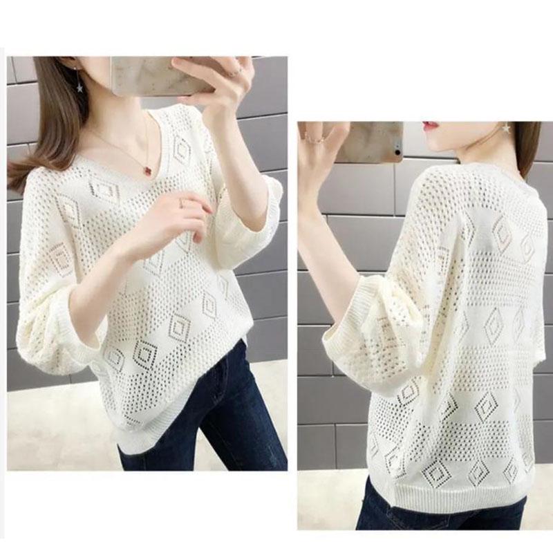 Women's V-neck Hollow Knit Sweater Women's Loose Korean Version of Batwing Sweater Top Women's Short Thin Knit Pullover Sweater