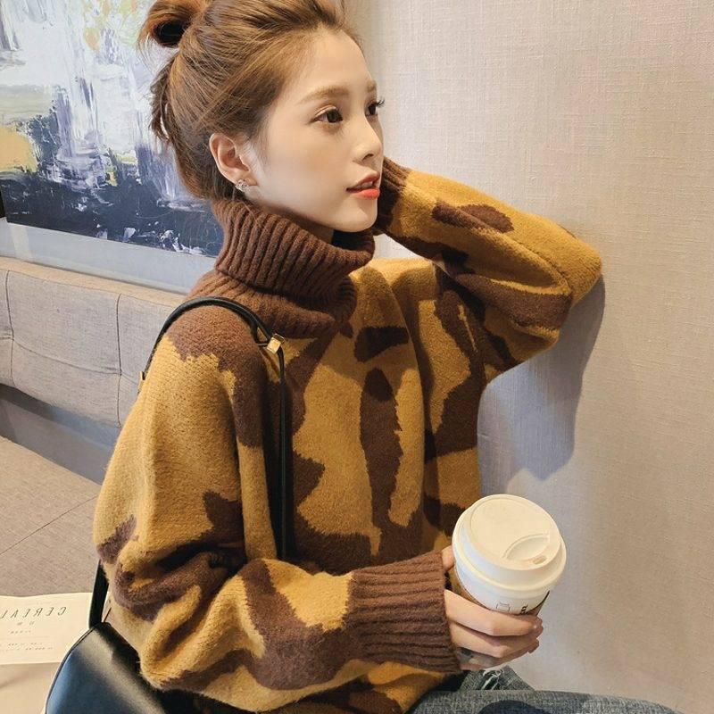 Pofulove Pullover Net Red Sweater  Loose-fitting Sweater Top Winter Turtleneck Women's Leopard