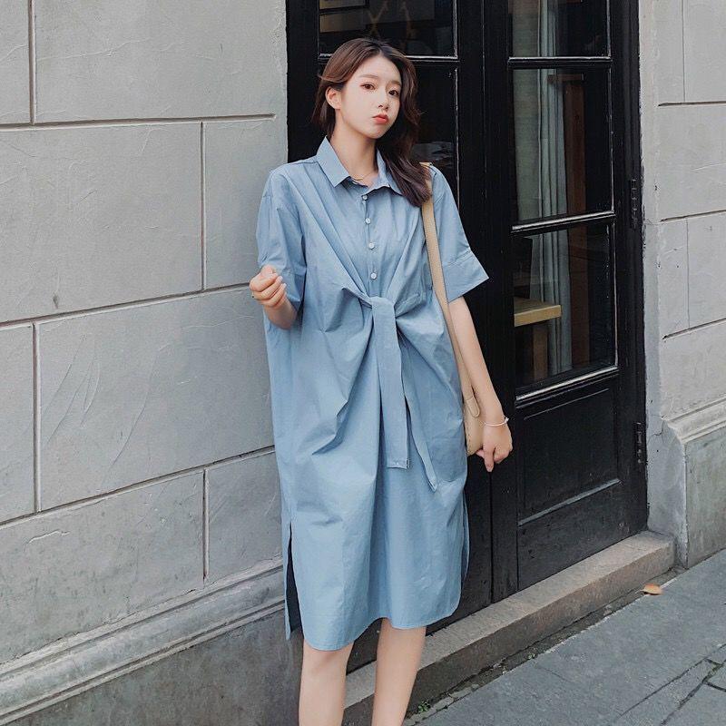 Women T-shirt Dress with Belt Loose Turn-down Collar Casual Loose Big Pocket Short Sleeve Buttons Dress Irregular Split Fork