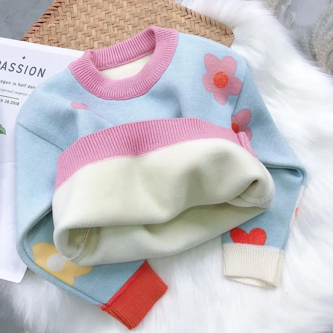 Girls Sweater Children's Clothing Baby Girl Children's Sweater Winter Plush Warm Small and Medium-sized Children's Round Neck Pullover Sweater