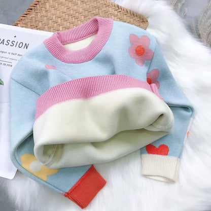 Girls Sweater Children's Clothing Baby Girl Children's Sweater Winter Plush Warm Small and Medium-sized Children's Round Neck Pullover Sweater