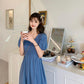 Summer Retro French Casual Solid Color Over-the-knee Long Skirt Waist Puff Sleeve Square Neck Short-sleeved Dress