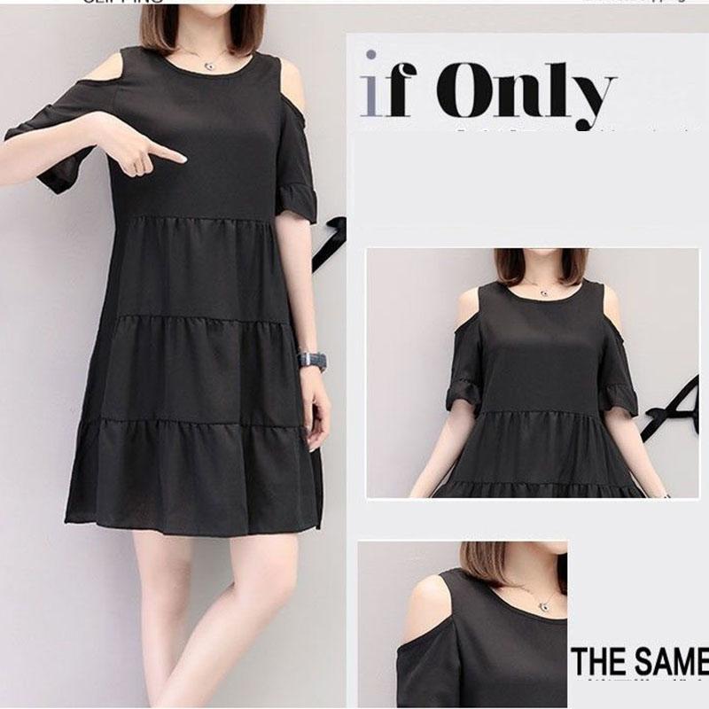 Women's Mid-length Loose Off-shoulder Round Neck Short-sleeved Dress Loose Simple Style Fabric Light and Breathable Comfortable Loose Dress