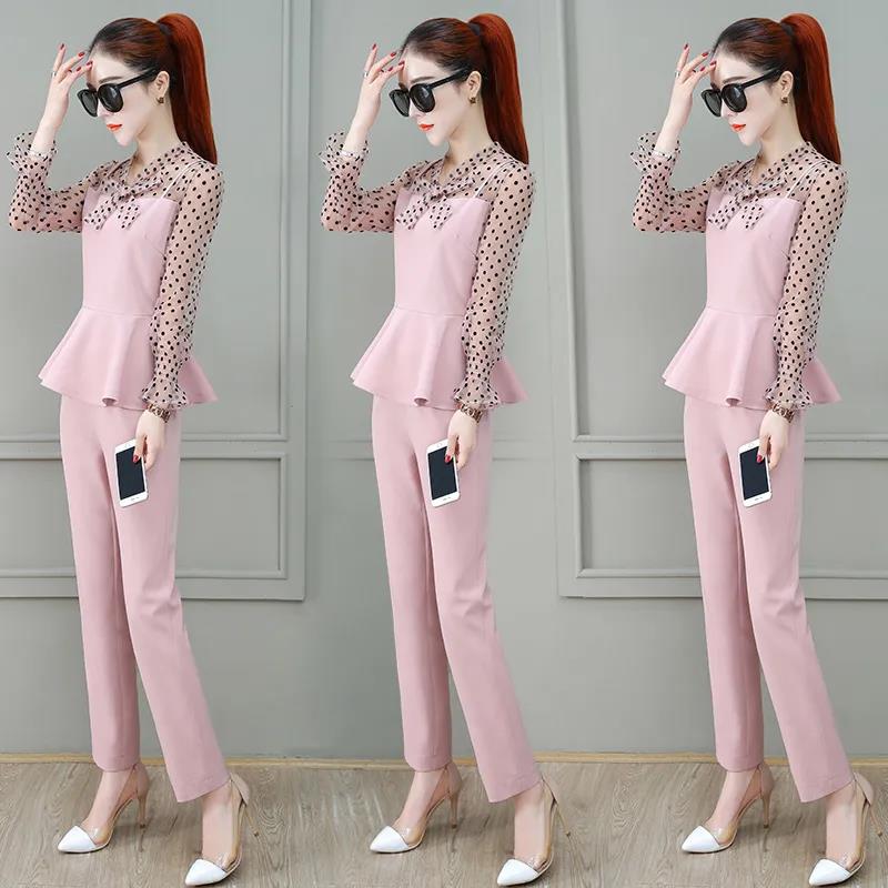 Ladies Professional Suit Xiaoxiangfeng Spring and Autumn Thin Temperament Two-piece Round Neck Long-sleeved Shirt + Casual Suit Pants