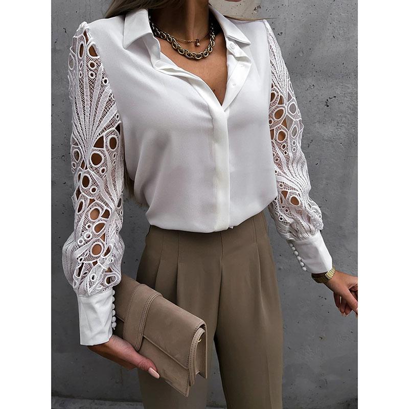 Elegant Long Sleeve Shirts Women Lapel Button Office Lady Top White Women's Sexy Embroidery Hollow Out Lace Blouse Streetwear Temperament Summer Top