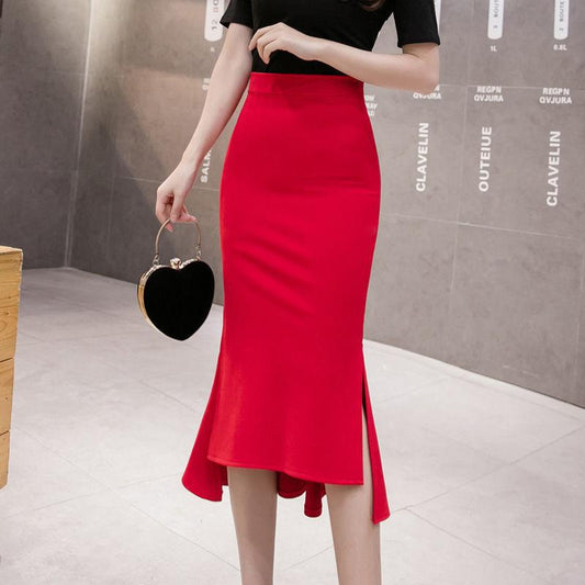 Women Summer Fishtail Buttock Solid Color Skirt Mid Length High Waist Split One-step Skirt Slim Irregular A-line Party Skirt