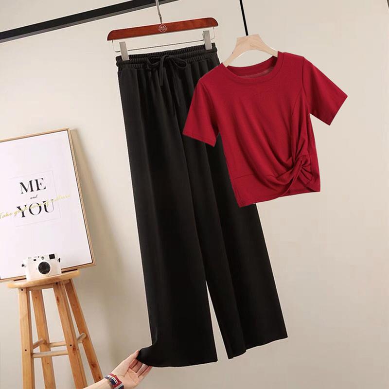 Two-piece Women's Loose T-shirt + Straight Loose Wide-leg Pants Casual Suit Women's Summer Home Wear Casual Sports Suit