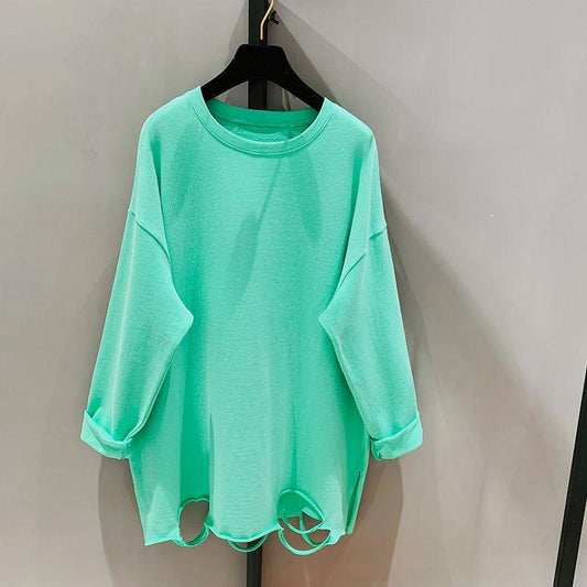 Women's Hem Hole Solid Color Bottoming Shirt Large Size Cotton Autumn Korean Version Loose Long-sleeved T-shirt