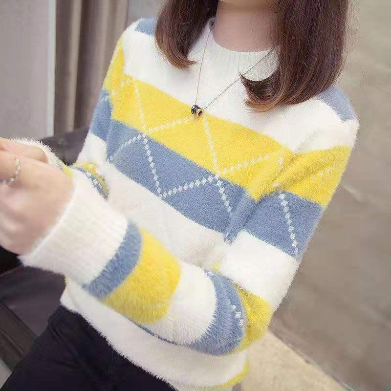Non-shedding Semi-turtleneck Sweater To Keep Warm and Color Matching Mink Fleece Long-sleeved Knitted Bottoming Shirt