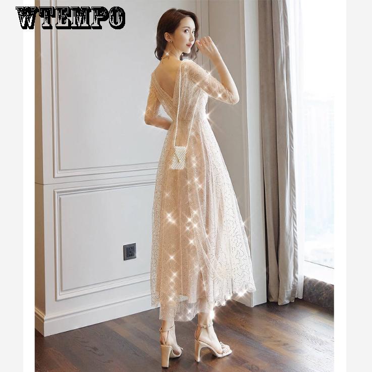 Lace Fairy Skirt Sexy Open Back Skirt Summer Dress Women Sequins Net Skirt Large Size Long
