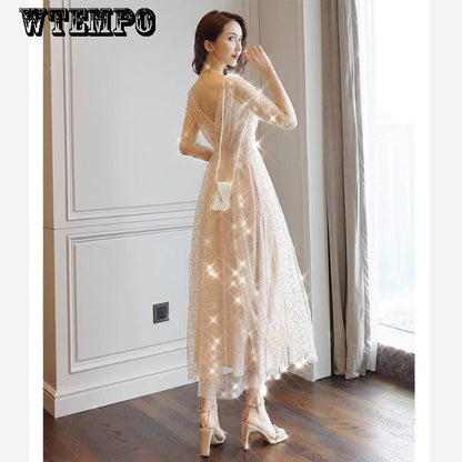 Lace Fairy Skirt Sexy Open Back Skirt Summer Dress Women Sequins Net Skirt Large Size Long